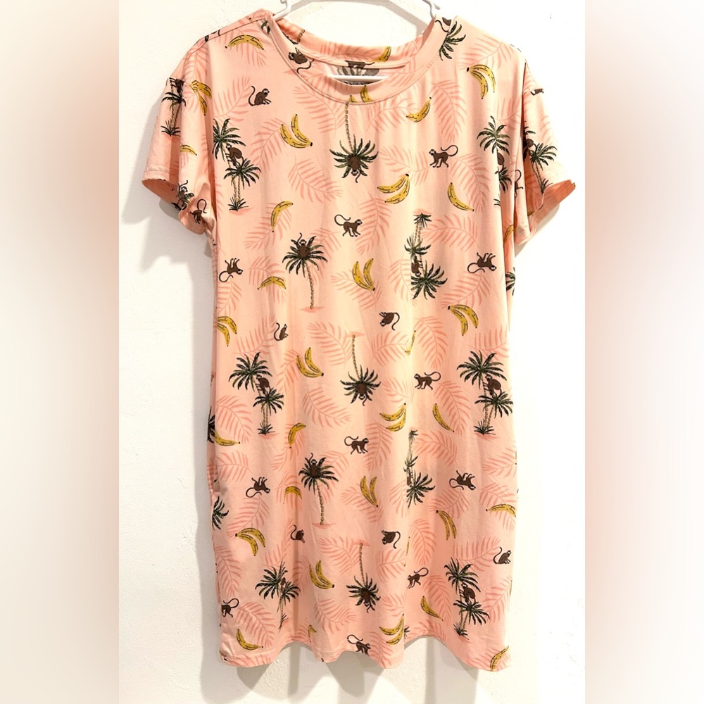 Joyspun Women’s Nightgown 2 Pockets Peach Palm Trees Monkeys Bananas S-M NWT